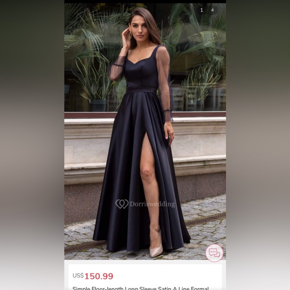 Simple Floor-length Long Sleeve Satin A Line Formal Dress with Split Front - Picture 1 of 5